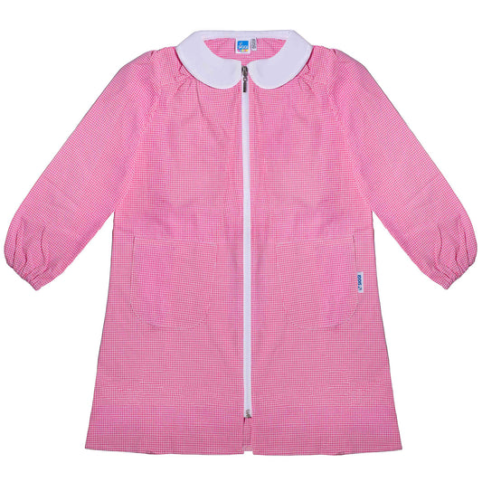 Grembiule Bambina Asilo, Chiusura Zip, colore Bianco/Rosa Quadrettato