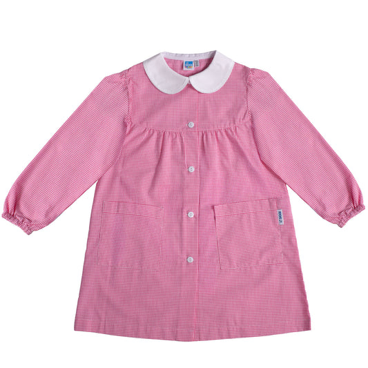 Grembiule Bambina Asilo, Abbottonatura centrale, colore Bianco/Rosa Quadrettato