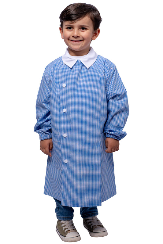 Grembiule Bambino Asilo, Abbottonatura laterale, colore Azzurro/Bianco Quadrettato