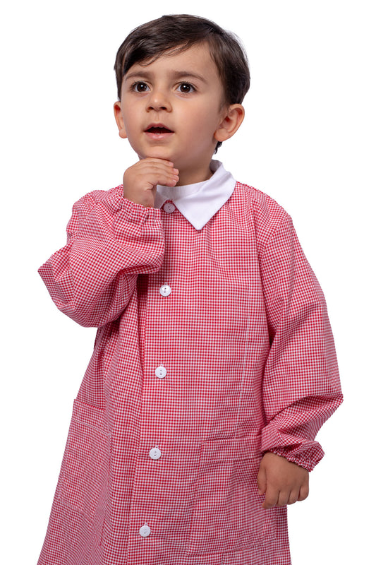 Grembiule Bambino Asilo, Abbottonatura Centrale, colore Bianco/Rosso Quadrettato