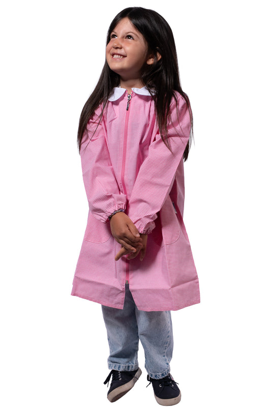 Grembiule Bambina Asilo, Chiusura Zip, colore Bianco/Rosa Quadrettato