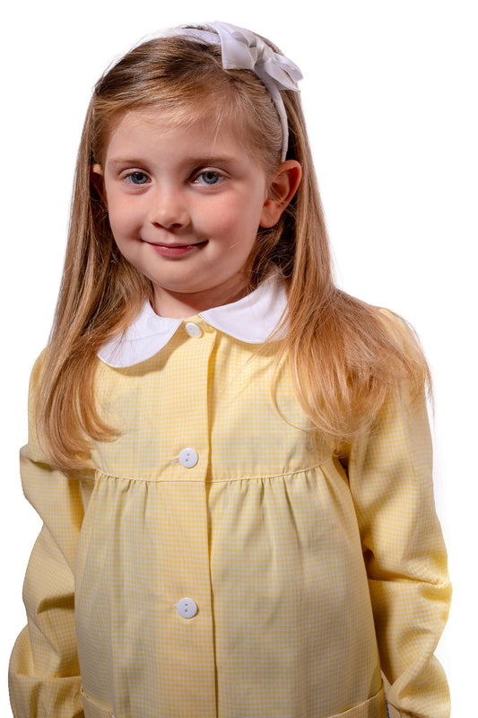 Grembiule Bambina Asilo, Abbottonatura centrale, colore Bianco/Giallo Quadrettato