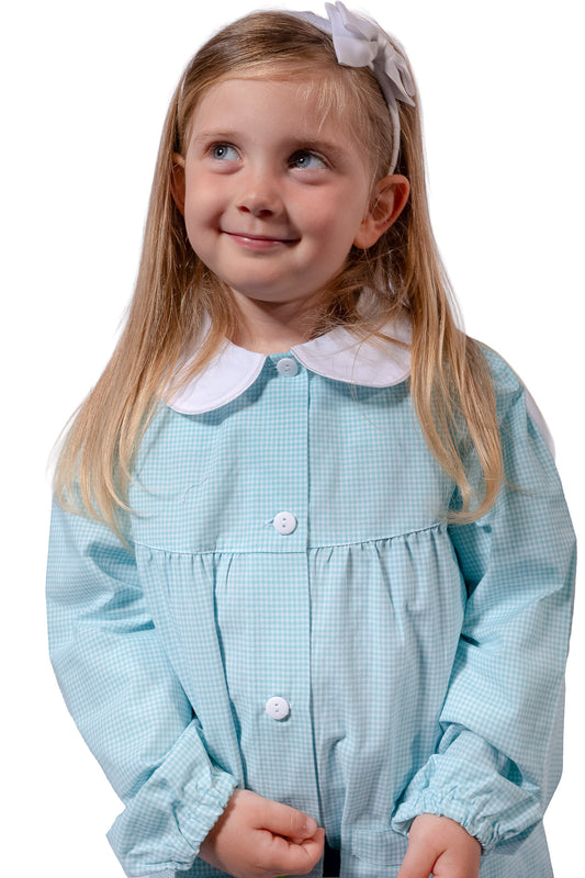 Grembiule Bambina Asilo, Abbottonatura centrale, colore Bianco/Verde Quadrettato