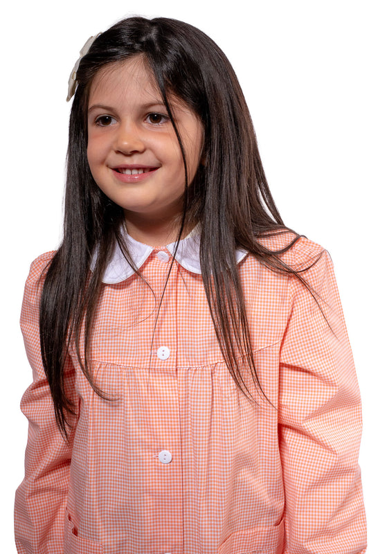 Grembiule Bambina Asilo, Abbottonatura Centrale, colore Bianco/Arancione Quadrettato
