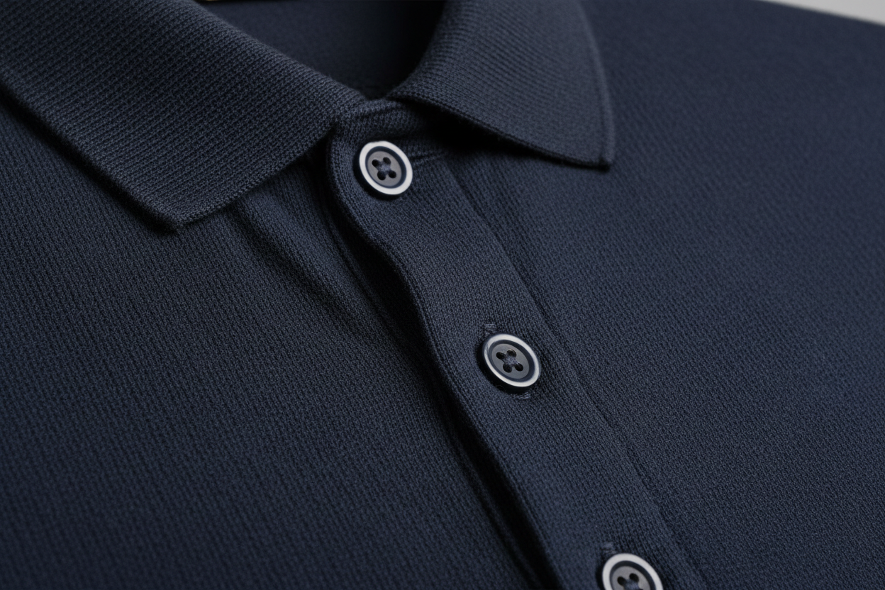 Extreme macro photography of a color: R27 G25 B38 long-sleeve polo shirt. Detailed close-up on the 100% cotton piqué honeycomb texture and the ribbed collar. Focus on the three-button placket with high-quality tonal buttons and precise double-stitching. Soft side-lighting to emphasize the fabric's grain, depth, and premium quality. Clean, professional studio shot, 8k resolution, hyper-realistic.