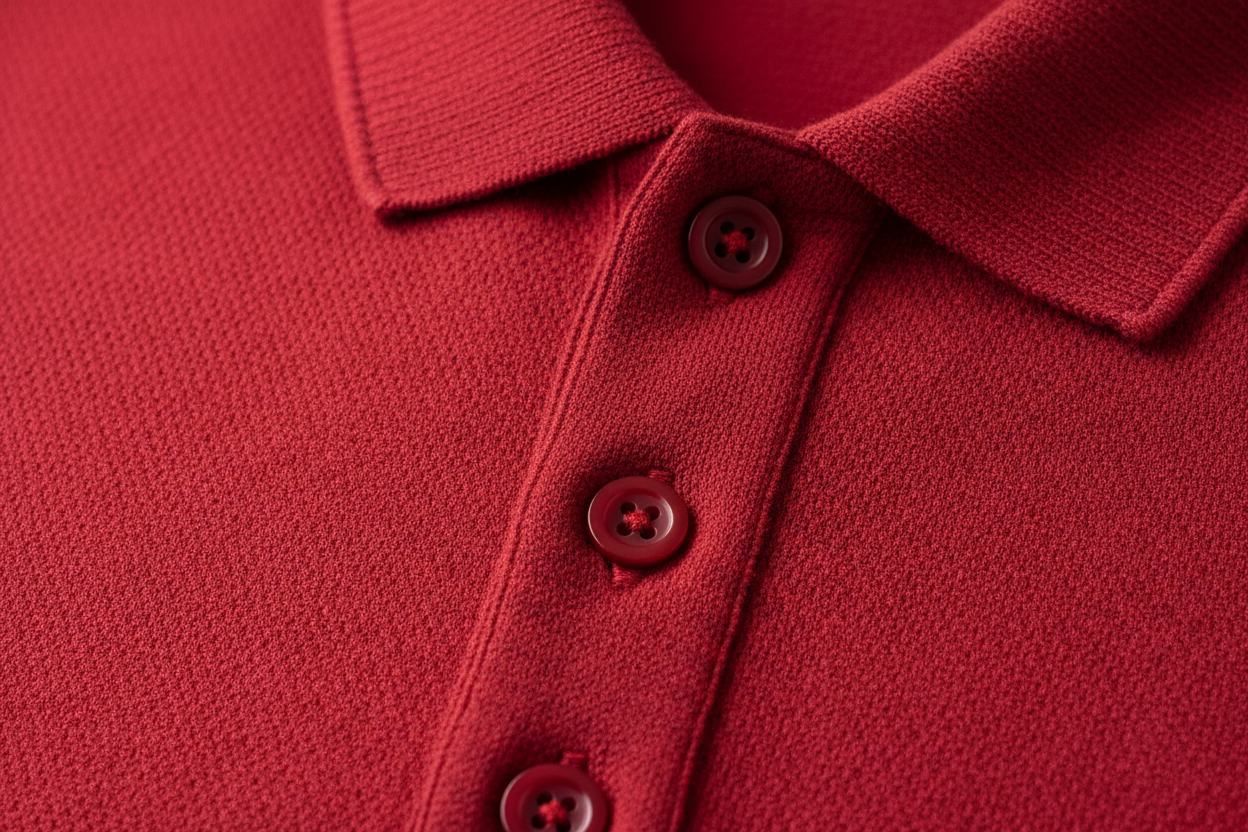 Extreme macro photography of a [COLOR: RED] long-sleeve polo shirt. Detailed close-up on the 100% cotton piqué honeycomb texture and the ribbed collar. Focus on the three-button placket with high-quality tonal buttons and precise double-stitching. Soft side-lighting to emphasize the fabric's grain, depth, and premium quality. Clean, professional studio shot, 8k resolution, hyper-realistic.