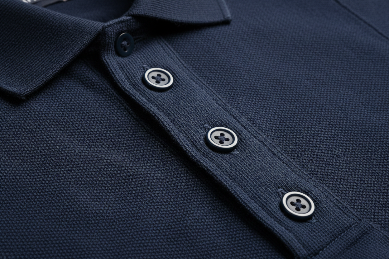 Extreme macro photography of a [COLORE: R27 G25 B38] long-sleeve polo shirt. Detailed close-up on the 100% cotton piqué honeycomb texture and the ribbed collar. Focus on the three-button placket with high-quality tonal buttons and precise double-stitching. Soft side-lighting to emphasize the fabric's grain, depth, and premium quality. Clean, professional studio shot, 8k resolution, hyper-realistic.