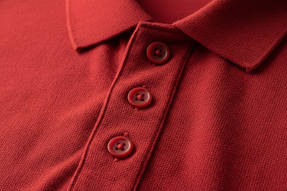Extreme macro photography of a red long-sleeve polo shirt. Detailed close-up on the 100% cotton piqué honeycomb texture and the ribbed collar. Focus on the three-button placket with high-quality tonal buttons and precise double-stitching. Soft side-lighting to emphasize the fabric's grain, depth, and premium quality. Clean, professional studio shot, 8k resolution, hyper-realistic.