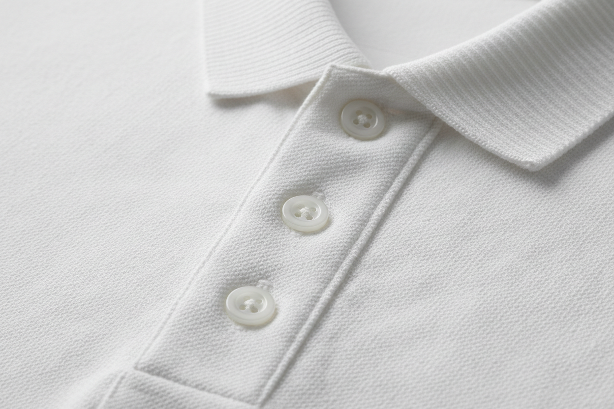 Extreme macro photography of a white long-sleeve polo shirt. Detailed close-up on the 100% cotton piqué honeycomb texture and the ribbed collar. Focus on the three-button placket with high-quality tonal buttons and precise double-stitching. Soft side-lighting to emphasize the fabric's grain, depth, and premium quality. Clean, professional studio shot, 8k resolution, hyper-realistic.