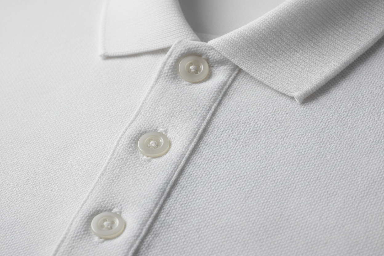 Extreme macro photography of a White short-sleeve polo shirt. Detailed close-up on the 100% cotton piqué honeycomb texture and the ribbed collar. Focus on the three-button placket with high-quality tonal buttons and precise double-stitching. Soft side-lighting to emphasize the fabric's grain, depth, and premium quality. Clean, professional studio shot, 8k resolution, hyper-realistic.